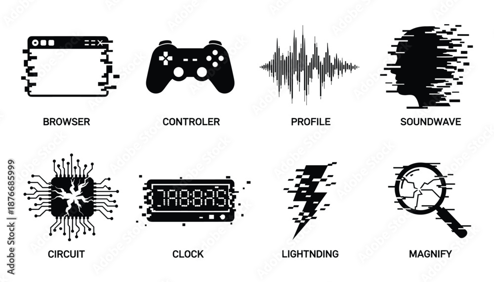 Obraz premium Digital glitch icon set with browser, controller, soundwave, circuit, clock and lightning.