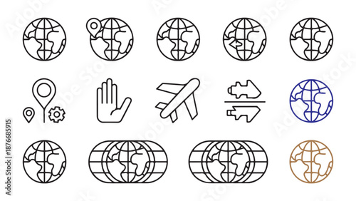 Earth globe map icon set collection with location airplane travel and delivery symbols line vector