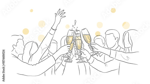 Celebration toast with champagne glasses and blurred lights in line art style