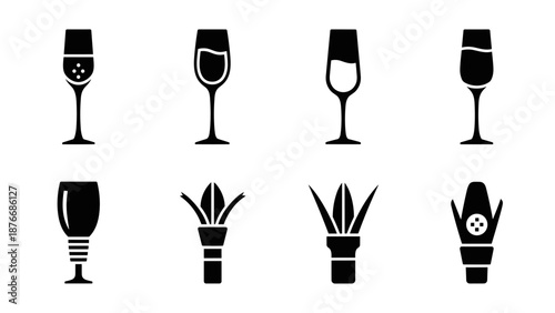 Elegant glassware and cocktail icons in monochrome silhouette style for drink menus