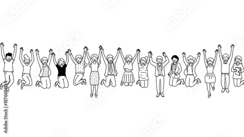 Joyful group of diverse people jumping with excitement in black and white linear art