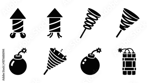 Silhouette fireworks and explosives icons for party celebrations