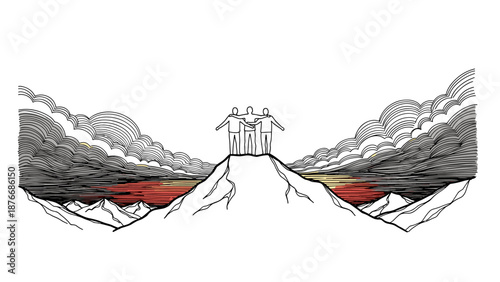 Climbers embrace on mountain peak at sunrise in minimalist line art style