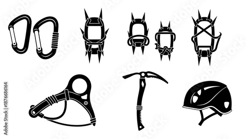 Essential climbing gear: carabiners, crampons, ice axe, ascender, helmet icons