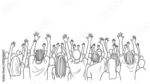 Crowd of people raising hands in linear style for events and celebrations
