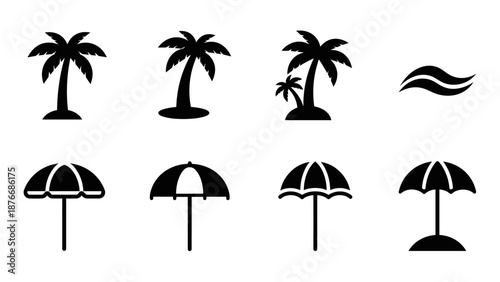 Silhouette palm trees and beach umbrellas collection for tropical design projects