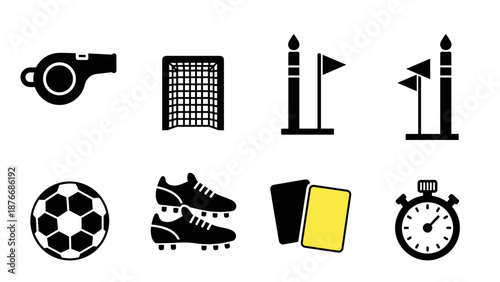 Minimal soccer equipment icons: whistle, goal, flags, ball, cleats, cards, stopwatch