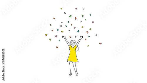 Joyful celebration: woman in yellow dress tossing colorful confetti