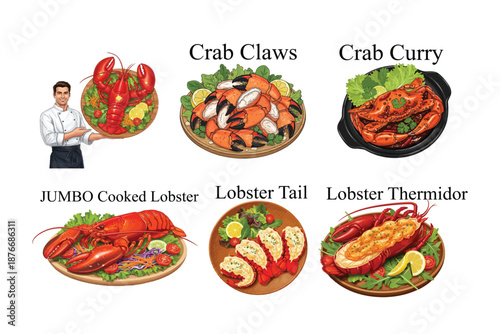 A delightful selection of gourmet seafood dishes featuring lobster and crab preparations. Food vector Icons Set.