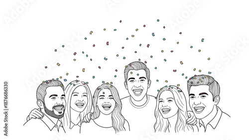 Joyful group celebration with confetti in festive outline style