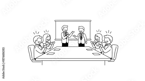 Business meeting success: linear team applauding presentation in office setting