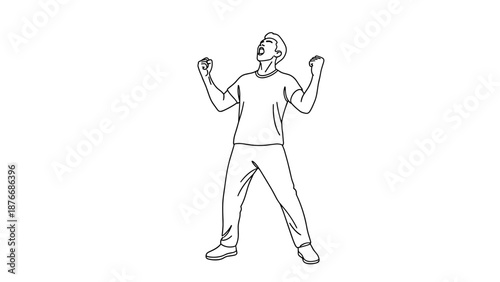 Excited person celebrating with raised fists in contour drawing