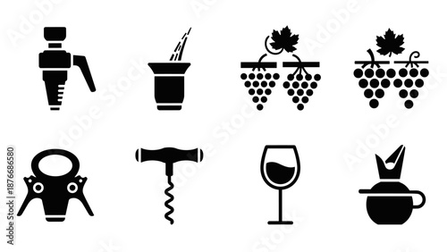 Wine making icons: corkscrew, grapes, wine glass, and more in silhouette style