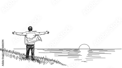Man embracing sunrise on cliffside - sketch style image of new beginnings
