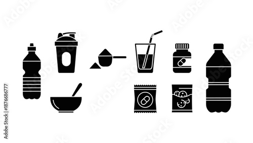 Fitness nutrition icons: protein shaker, supplements, and healthy snacks in silhouette design