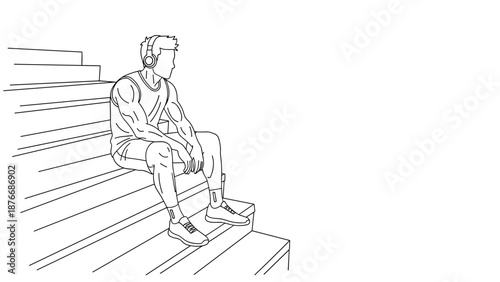 Outline of a young man resting on steps wearing headphones