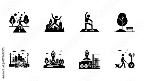 Urban fitness icons: outdoor activities and recreation in black silhouette style