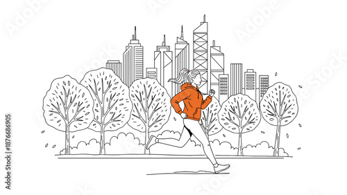 Urban autumn jogging scene with cityscape and falling leaves
