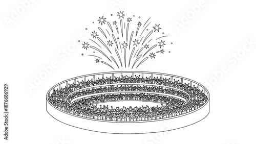 Celebrate with fireworks over a lively stadium crowd in line art style