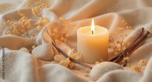 Warm lit candle, sprigs, stones, and spices on draped cloth, creating a serene, inviting scene