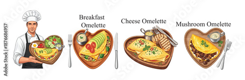 A chef presents a delicious selection of heart-shaped omelettes, including breakfast, cheese, and mushroom varieties. Food vector Icons Set.