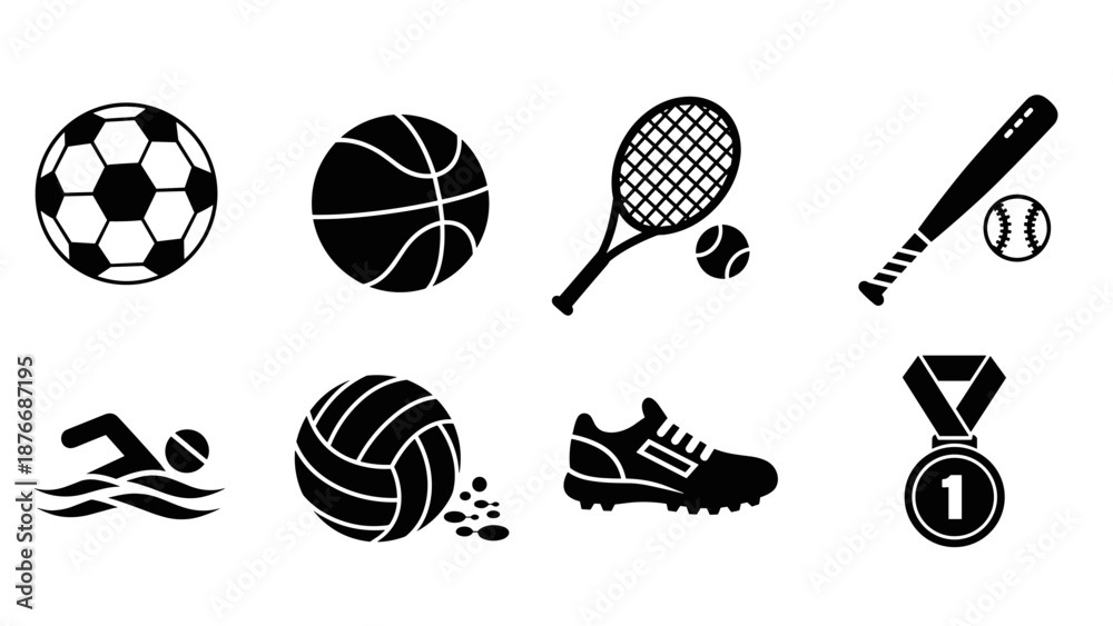 Fototapeta premium Sports icon set: silhouette collection of popular sports equipment and activities