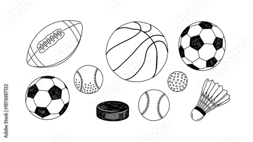 Black and white sports equipment sketches: football, basketball, soccer, tennis
