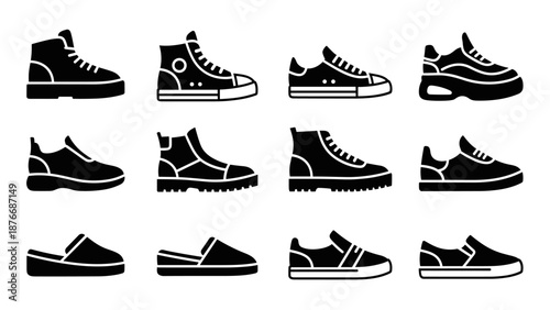 Variety of footwear silhouettes in black and white for casual and athletic styles