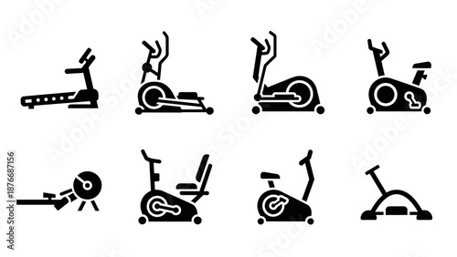 Collection of gym equipment silhouette icons for fitness and exercise design projects