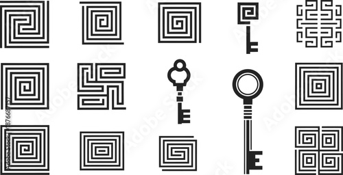 Collection of Greek Key and Maze Pattern Icons with Keys Keywords: greek key, maze, labyrinth, pattern, icon, symbol, design, geometric, ancient
