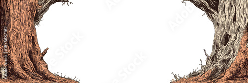 Two tree trunks with a white background and empty space in the middle for text, vintage poster style, vector illustration.