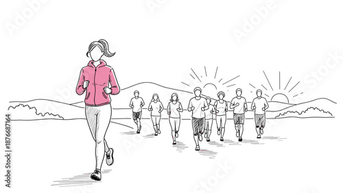 Group of runners in motion against scenic sunrise background