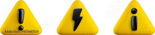 Vector Realistic 3d yellow triangle signs set. Cartoon 3d render of high voltage, danger exclamation mark, warning symbol. Electric shock hazard notification