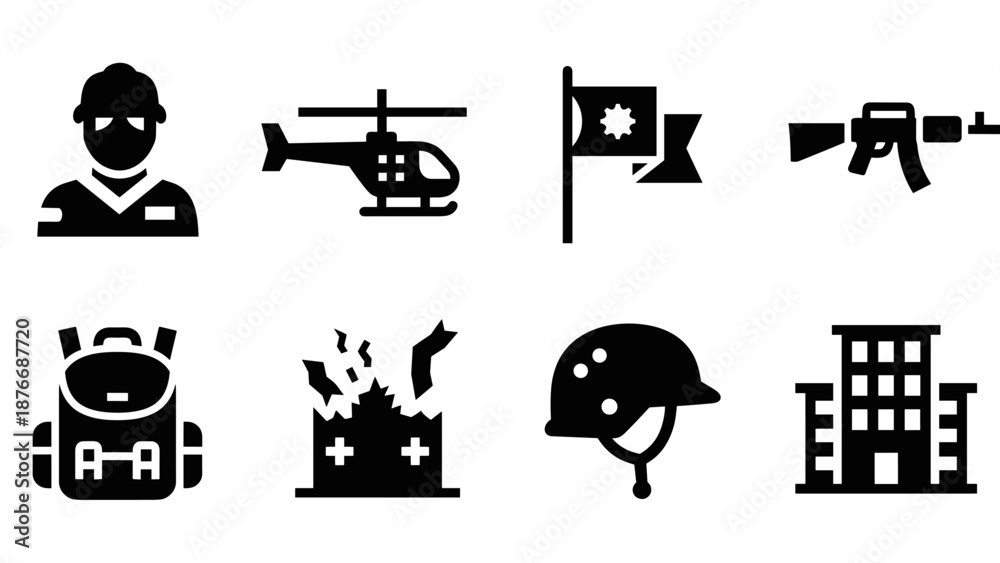 Fototapeta premium Military icons set: soldier, helicopter, flag, gun, backpack, explosion, helmet, building