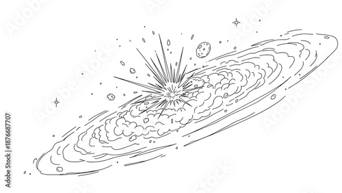 Cosmic explosion in outer space with planets and stars in line art style