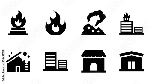 Silhouette icons of disaster and building structures: fire, earthquake, industry