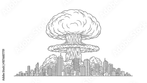 Detailed explosion above city outline with smoke and buildings in graphic style