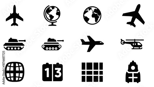 Transport and travel icons: planes, tanks, helicopters, and globes in silhouette style
