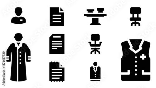 Medical office elements: silhouettes of professionals, documents, and furniture