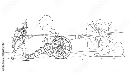 Historical artillery scene with soldier and cannon in action