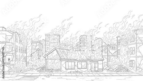 Urban fire chaos: detailed line art of a city in flames with ruined buildings