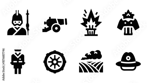 Historical military icons set with soldier silhouette and cannon design