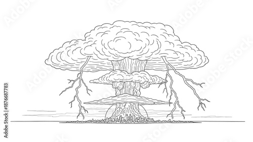 Dramatic lightning-infused nuclear explosion over cityscape in linear design
