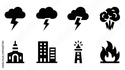 Silhouette lightning and disaster icons: storms, earthquakes, fire, buildings, and emergency symbols
