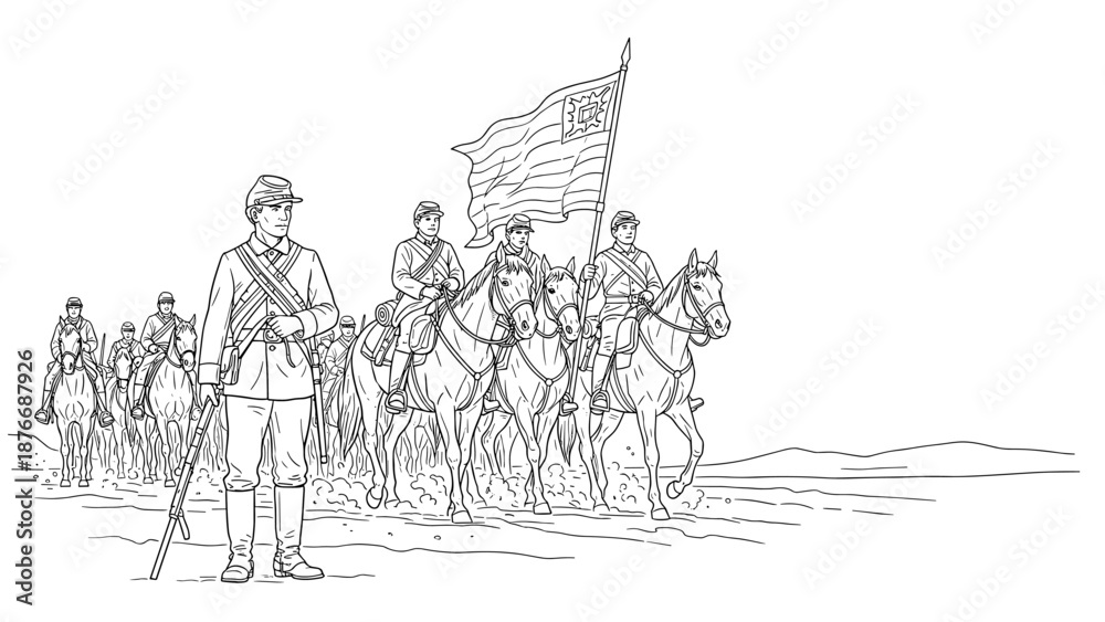 Fototapeta premium Historical cavalry procession in detailed line art style