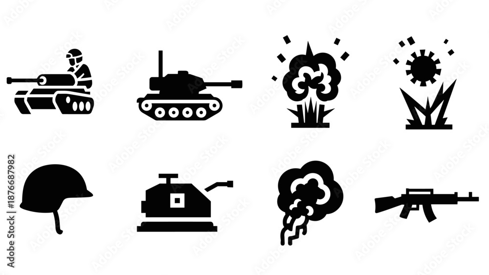 Fototapeta premium Military silhouette icons: tank, explosion, helmet, and more