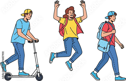 Young people enjoying outdoor activities with scooter and backpack