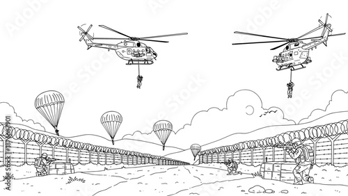 Military parachute operation with helicopters in line art style