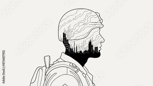 Soldier silhouette with cityscape and war imagery theme