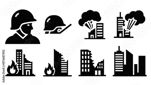 Silhouette icons of soldier helmets and urban destruction scenes